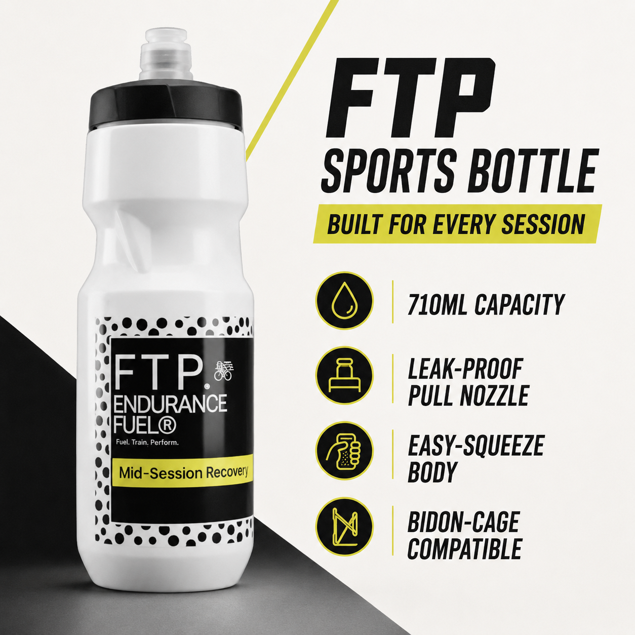 FTP Sports Bottle infographic – 710ml capacity, leak-proof pull nozzle, easy-squeeze body, bidon-cage compatible
