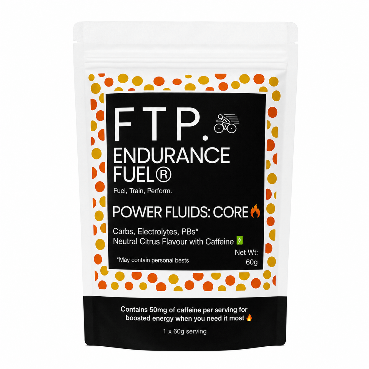 TASTER PACK - Power Fluids Core: Caffeinated Carbohydrate and Electrolyte Drink Mix, Neutral Citrus (60g)