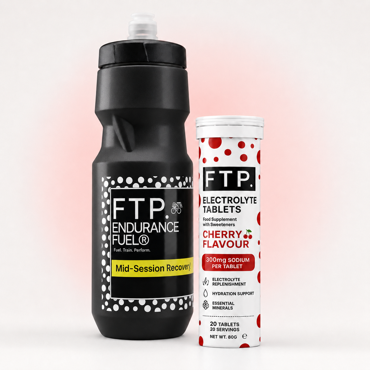 FTP Hydration Kit - matte black 710ml sports bottle and cherry flavour electrolyte tablets tube