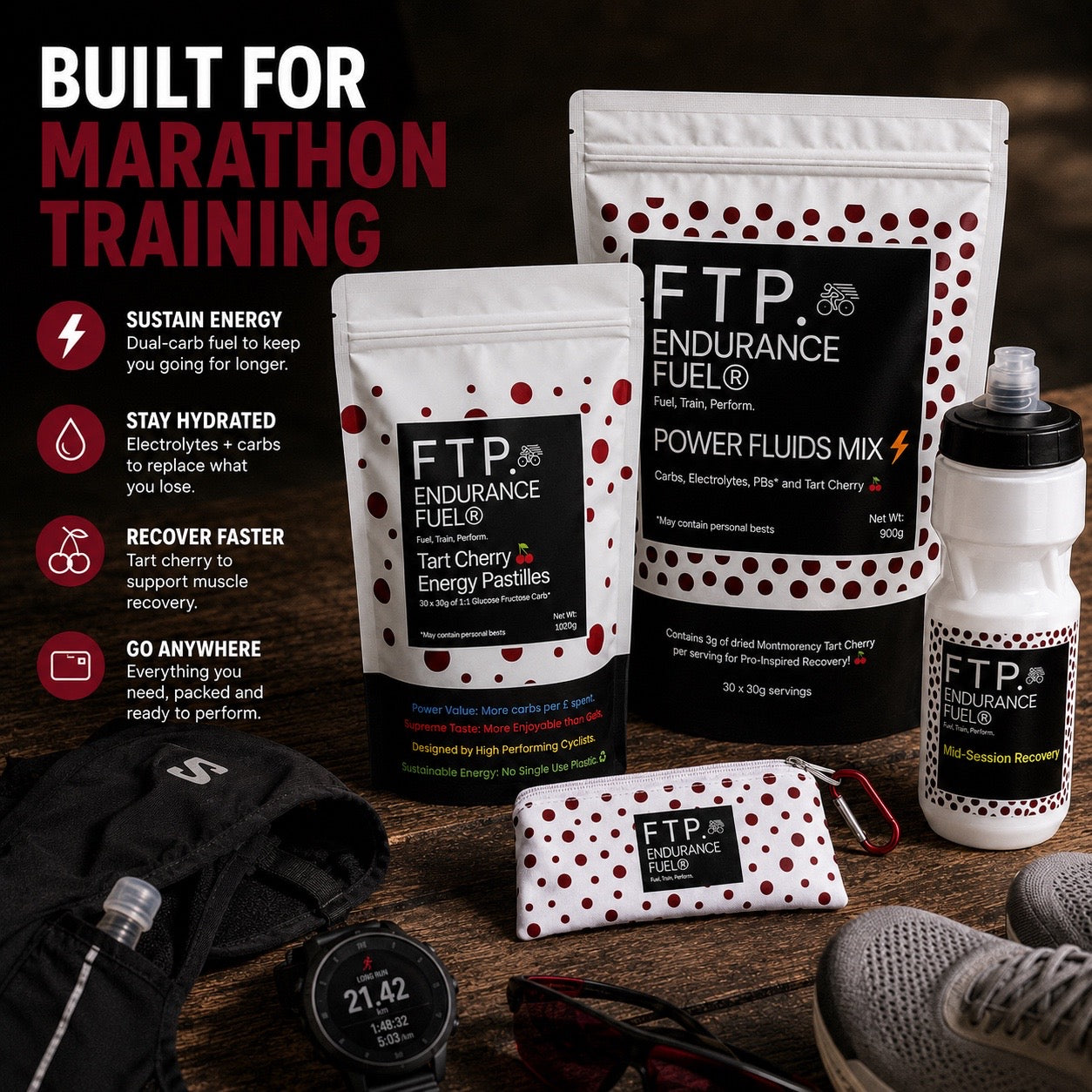 Built for Marathon Training infographic - Tart Cherry energy pastilles, Power Fluids Mix, sports bottle and Adventure Pouch with running gear