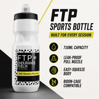FTP Sports Bottle infographic – 710ml capacity, leak-proof pull nozzle, easy-squeeze body, bidon-cage compatible