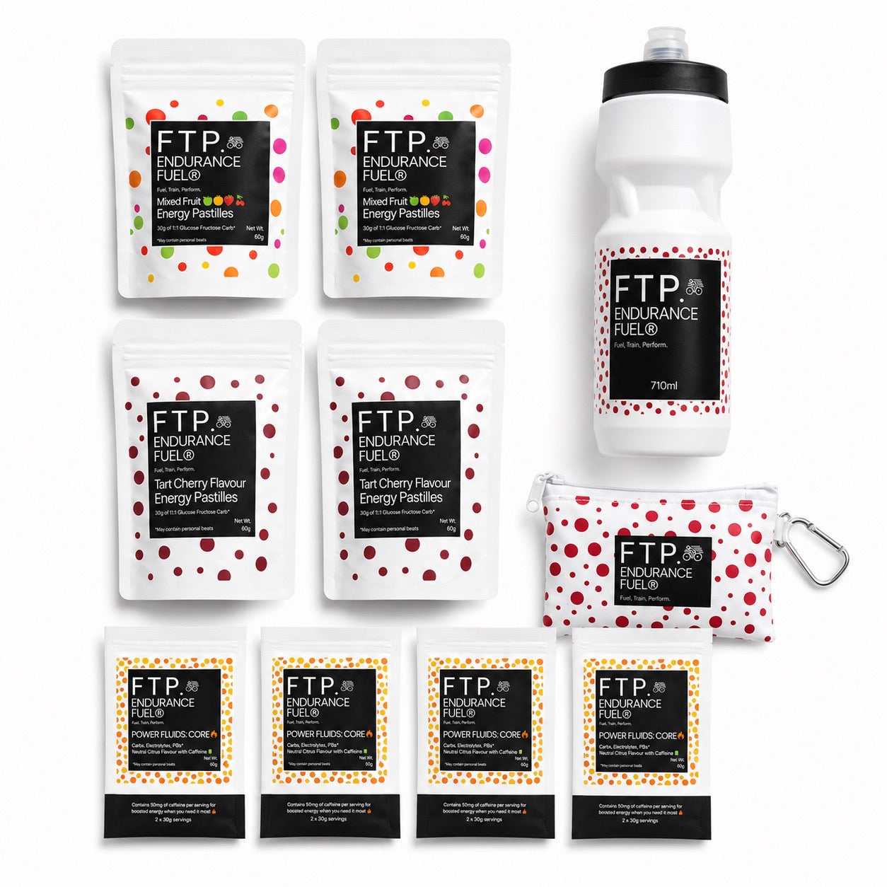 Long Session Stack contents with 4 Power Fluids Core Neutral Citrus caffeinated taster sachets, energy pastilles, bottle and adventure pouch
