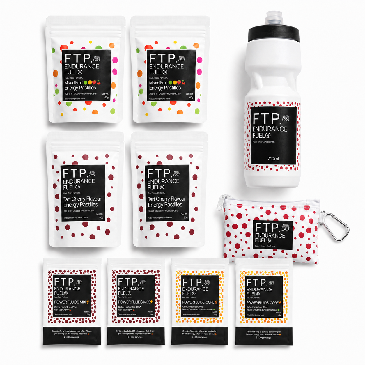Long Session Stack contents with 2 Power Fluids Mix Tart Cherry and 2 Core Neutral Citrus taster sachets, energy pastilles, bottle and adventure pouch