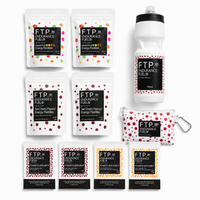 Long Session Stack contents with 2 Power Fluids Mix Tart Cherry and 2 Core Neutral Citrus taster sachets, energy pastilles, bottle and adventure pouch