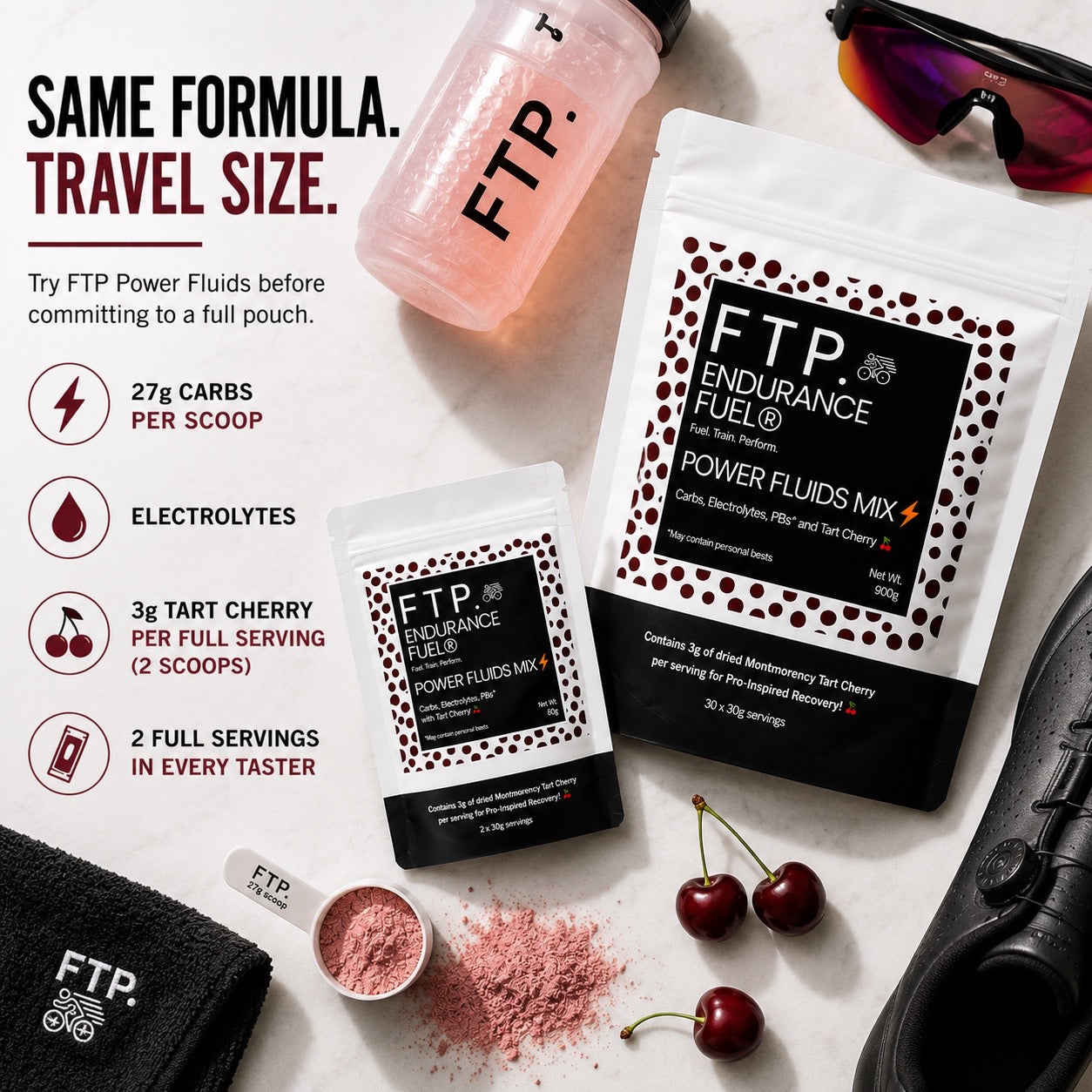 Power Fluids Taster Pack: Tart Cherry Carbohydrate & Electrolyte Drink Mix (60g)