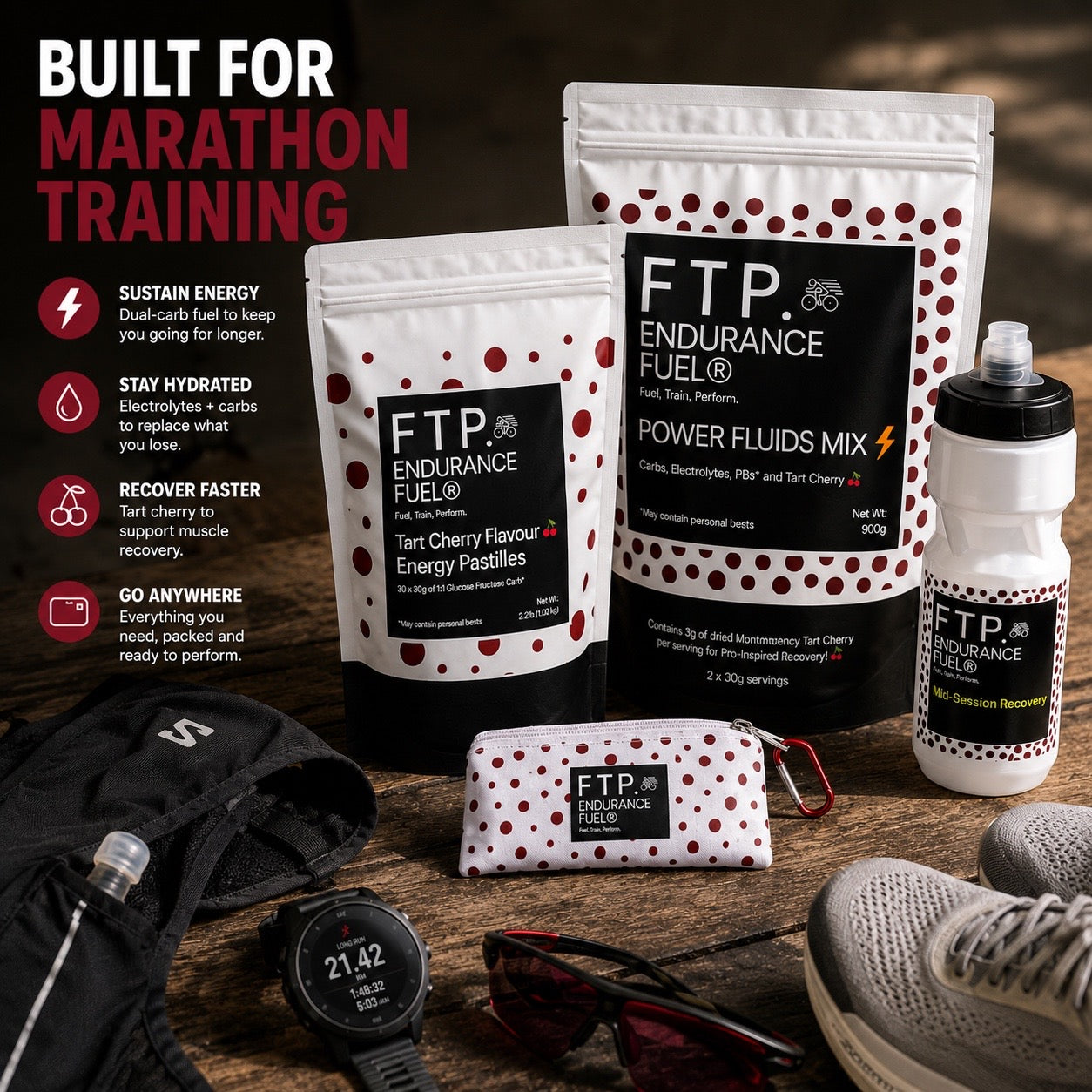 FTP 710ml sports bottle and Adventure Pouch included in the Power Endurance System