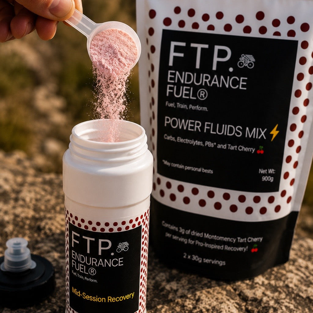 Person adding powder to a container of FTP Endurance Fuel with packaging in the background.