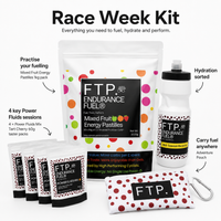 FTP Race Week Kit – 1kg Energy Pastilles, Tart Cherry Power Fluids, bottle and pouch