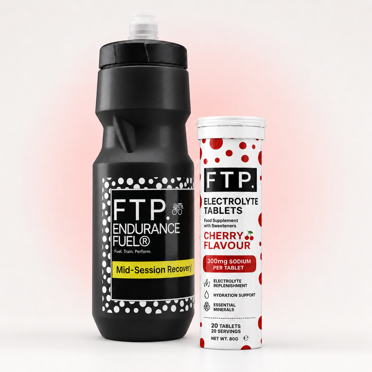 FTP Hydration Kit - matte black 710ml sports bottle and cherry flavour electrolyte tablets tube