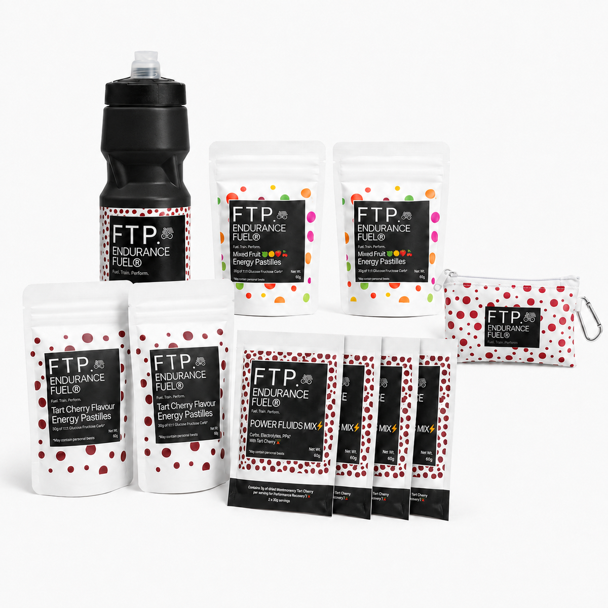 Long Session Stack contents - Mixed Fruit and Tart Cherry energy pastille taster packs, four Tart Cherry Power Fluids sachets, matte black 710ml bottle and Adventure Pouch