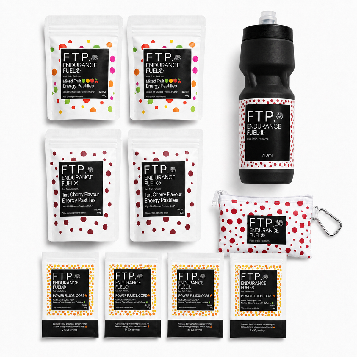 Long Session Stack contents with four Power Fluids Core Neutral Citrus caffeinated taster sachets, energy pastilles, matte black 710ml bottle and Adventure Pouch