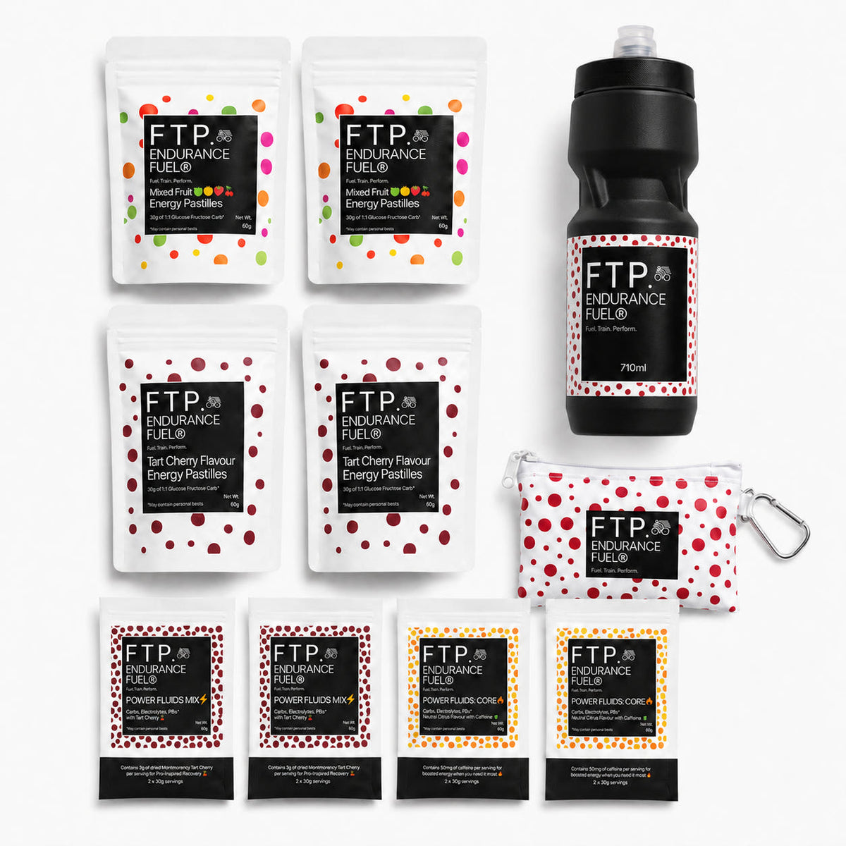 Long Session Stack contents with two Power Fluids Mix Tart Cherry and two Core Neutral Citrus taster sachets, energy pastilles, matte black 710ml bottle and Adventure Pouch