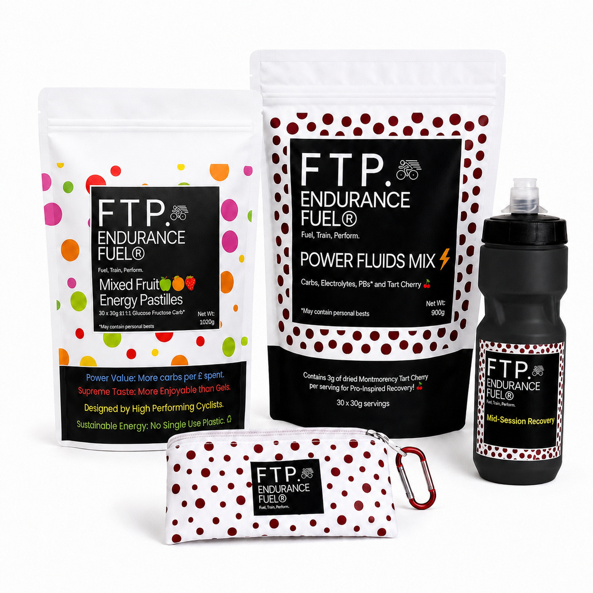 The Power Endurance System — 1kg Mixed Fruit energy pastilles, Tart Cherry Power Fluids Mix 900g, matte black FTP 710ml bottle and Adventure Pouch