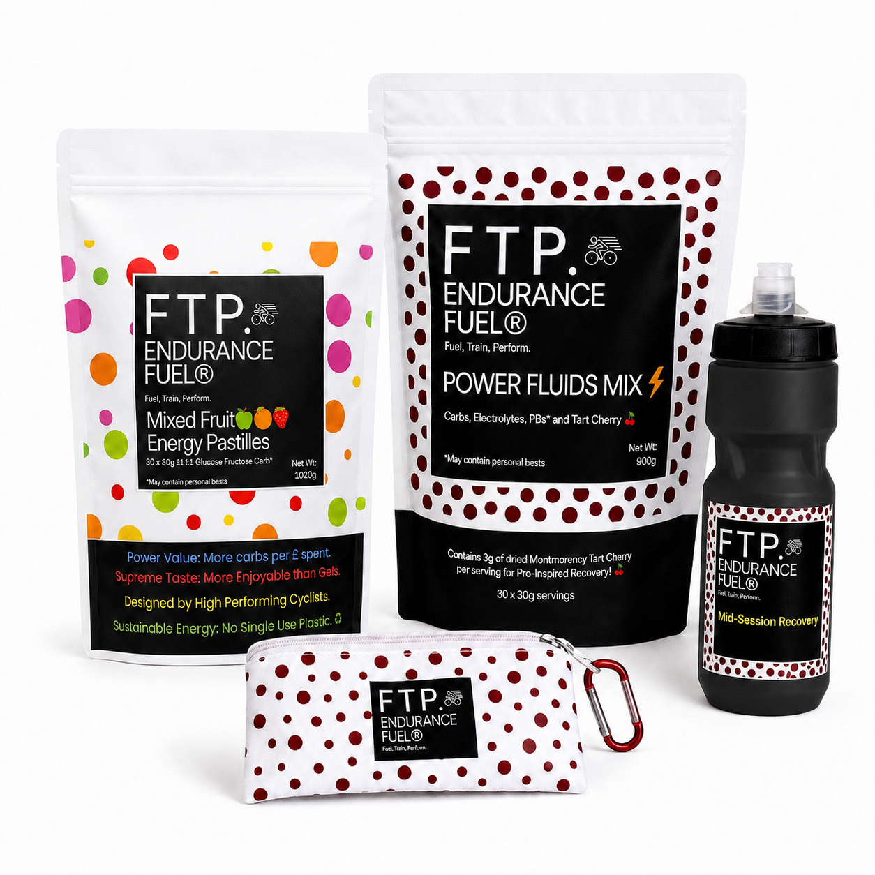 The Power Endurance System — 1kg Mixed Fruit energy pastilles, Tart Cherry Power Fluids Mix 900g, matte black FTP 710ml bottle and Adventure Pouch