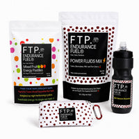 The Power Endurance System with Mixed Fruit energy pastilles, Tart Cherry Power Fluids drink mix, matte black 710ml bottle and Adventure Pouch
