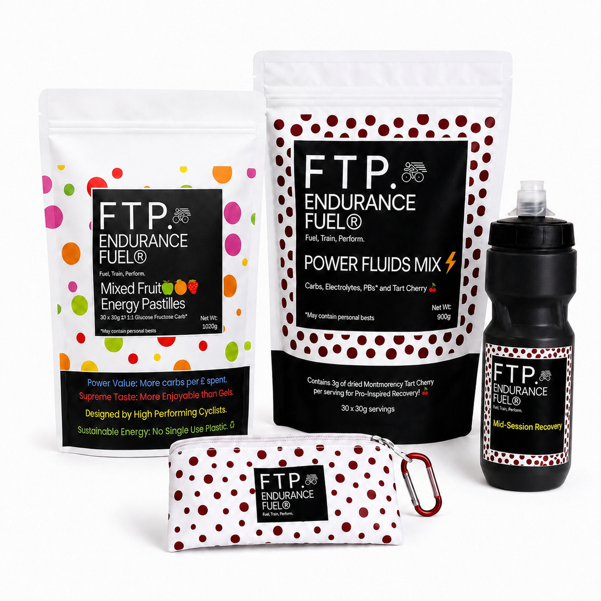 The Power Endurance System with Mixed Fruit energy pastilles, Tart Cherry Power Fluids drink mix, matte black 710ml bottle and Adventure Pouch