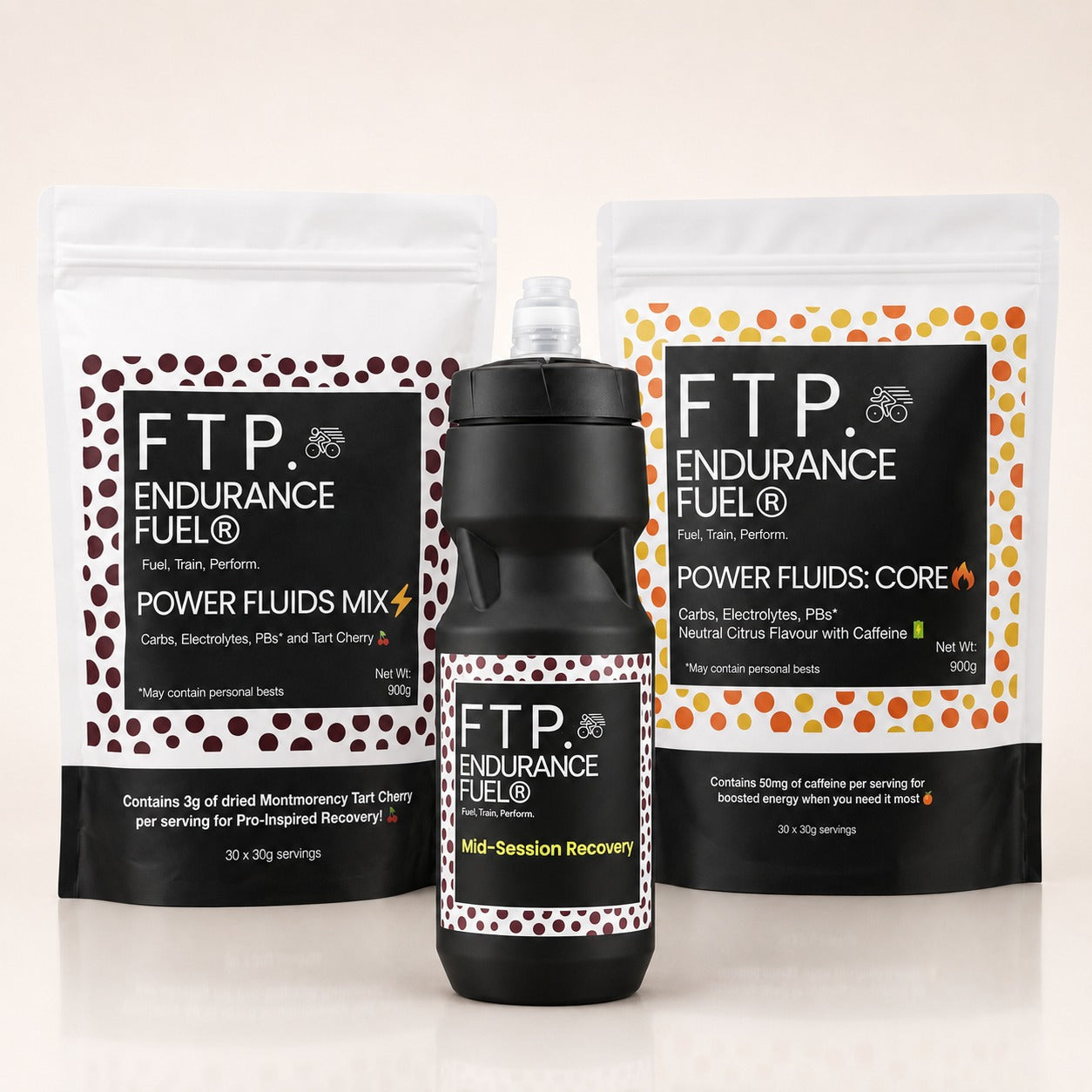FTP Power Fluids Rotation Pack — Tart Cherry 900g and Core Neutral Citrus 900g drink mix pouches with black 710ml FTP sports bottle