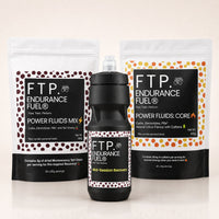 FTP Power Fluids Rotation Pack — Tart Cherry 900g and Core Neutral Citrus 900g drink mix pouches with black 710ml FTP sports bottle