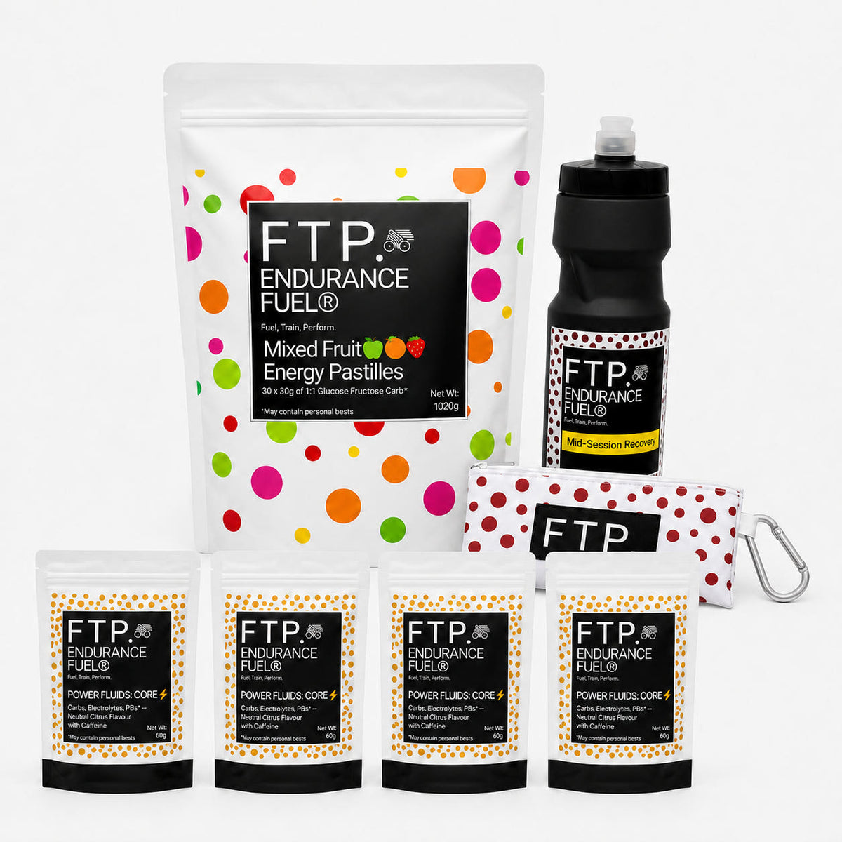 Race Week Kit contents with 1kg Mixed Fruit energy pastille pouch, four Power Fluids Core Neutral Citrus caffeinated pouches, matte black bottle and Adventure Pouch
