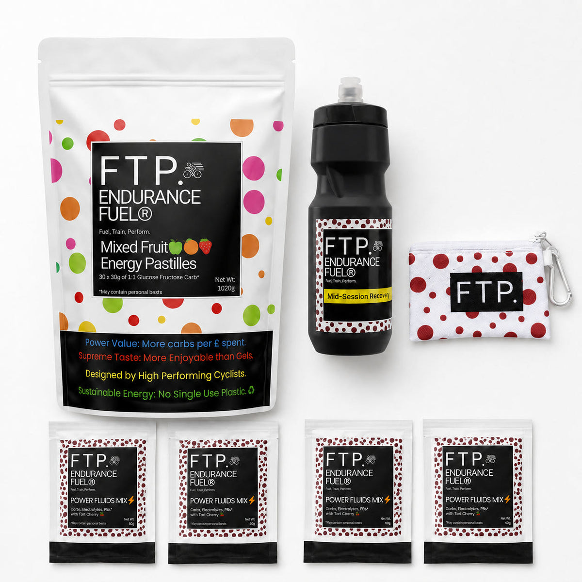 Race Week Kit contents with 1kg Mixed Fruit energy pastille pouch, four Power Fluids Mix Tart Cherry sachets, matte black bottle and Adventure Pouch