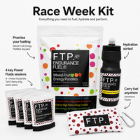 Race Week Kit contents - 1kg energy pastilles, four Power Fluids Tart Cherry sachets, 710ml bottle and Adventure Pouch