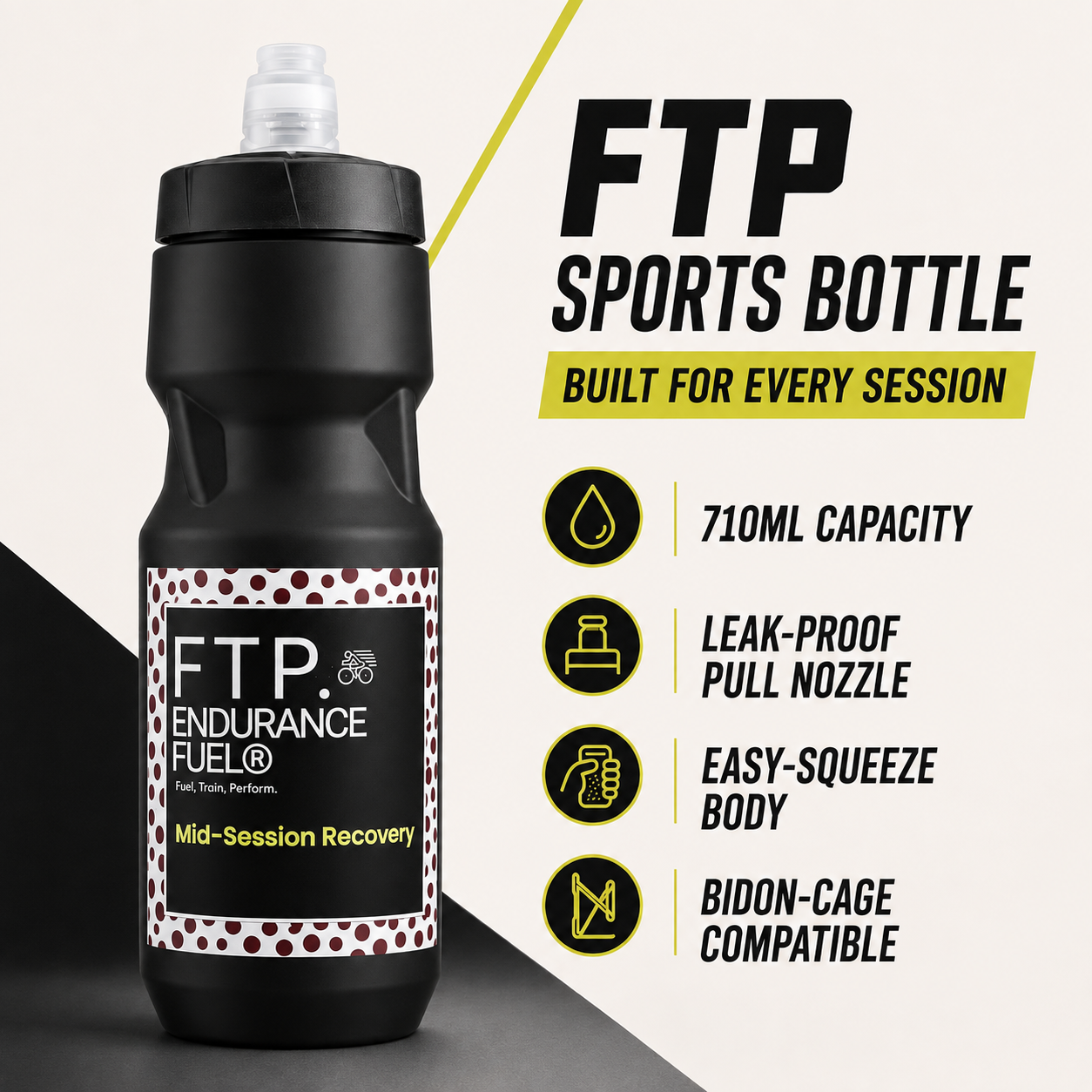FTP sports bottle features: 710ml capacity, leak-proof pull nozzle, easy-squeeze body, bidon-cage compatible