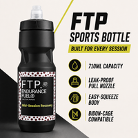 FTP sports bottle features: 710ml capacity, leak-proof pull nozzle, easy-squeeze body, bidon-cage compatible