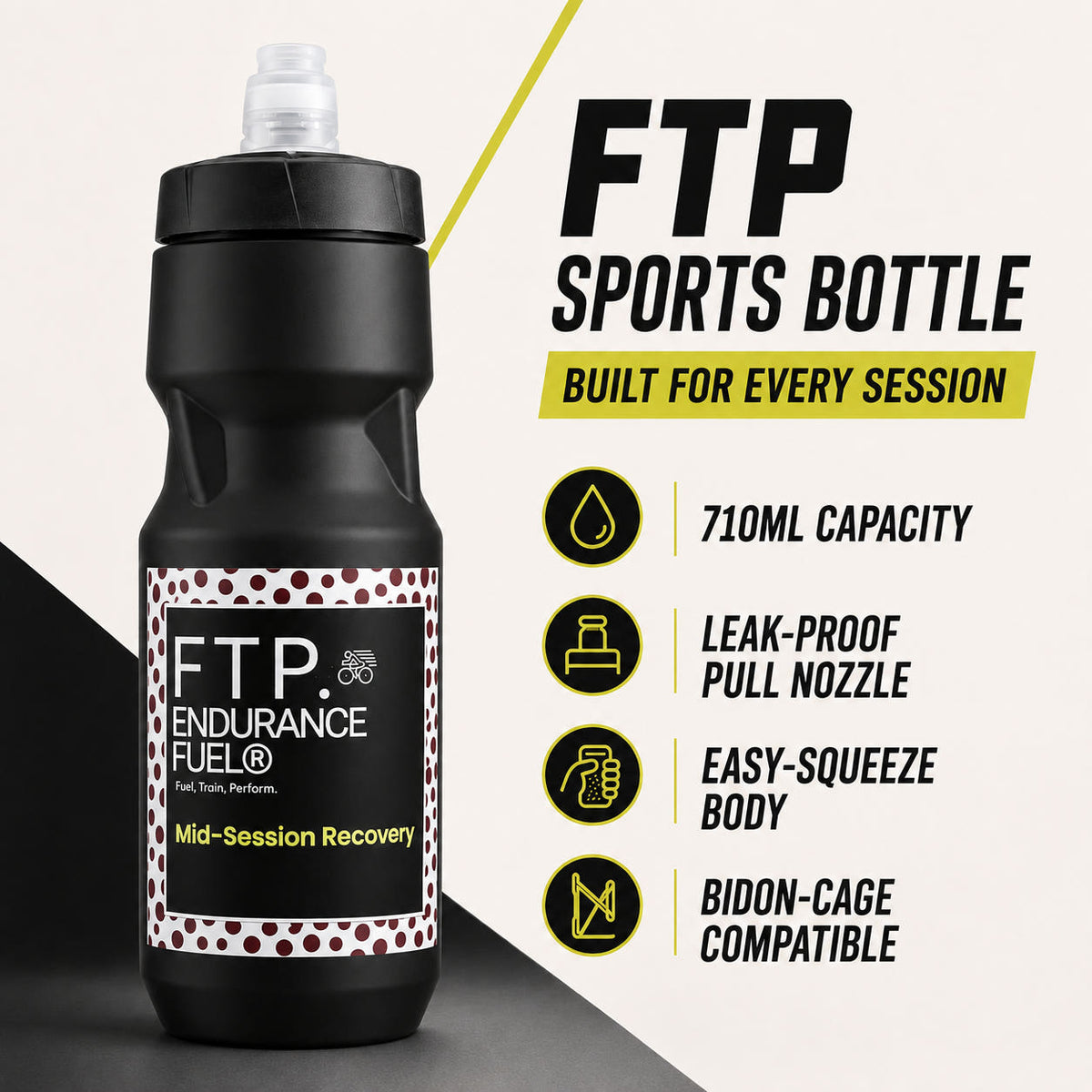FTP sports bottle features: 710ml capacity, leak-proof pull nozzle, easy-squeeze body, bidon-cage compatible