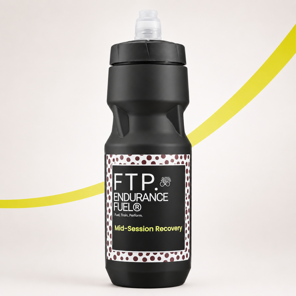 FTP Endurance Fuel black 710ml sports bottle with Mid-Session Recovery label, studio product shot