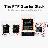 FTP Starter Stack with Power Fluids Core neutral citrus caffeinated 60g taster, Tart Cherry and Mixed Fruit energy pastille taster pouches and Adventure Pouch