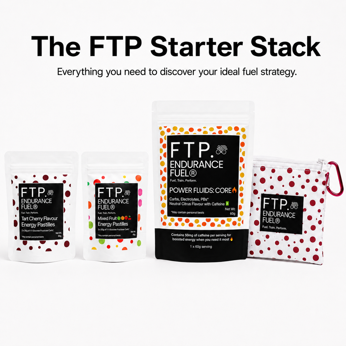 FTP Starter Stack with Power Fluids Core neutral citrus caffeinated 60g taster, Tart Cherry and Mixed Fruit energy pastille taster pouches and Adventure Pouch