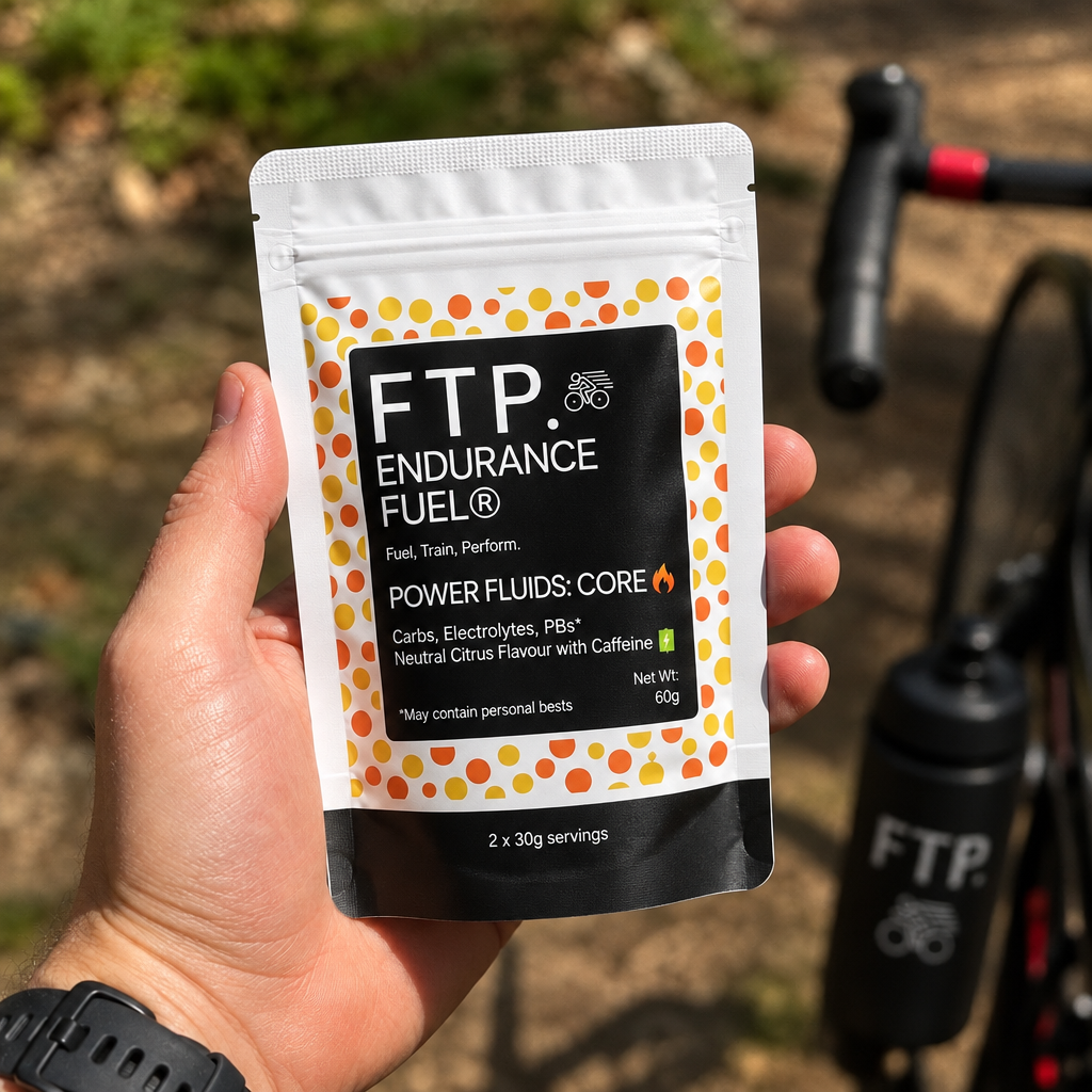 Power Fluids Core 60g taster pack in hand, 2 x 30g servings