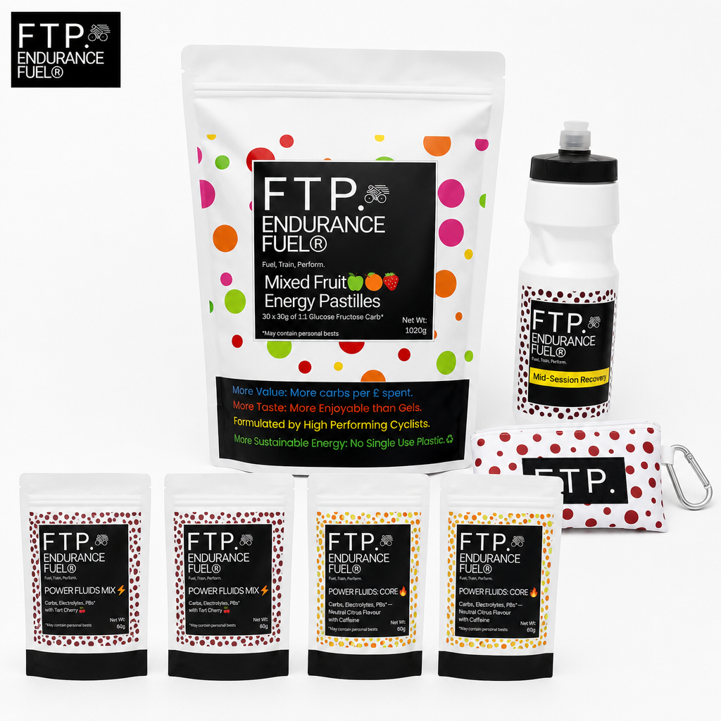 Race Week Kit contents with 2 Tart Cherry and 2 Neutral Citrus Power Fluids taster sachets