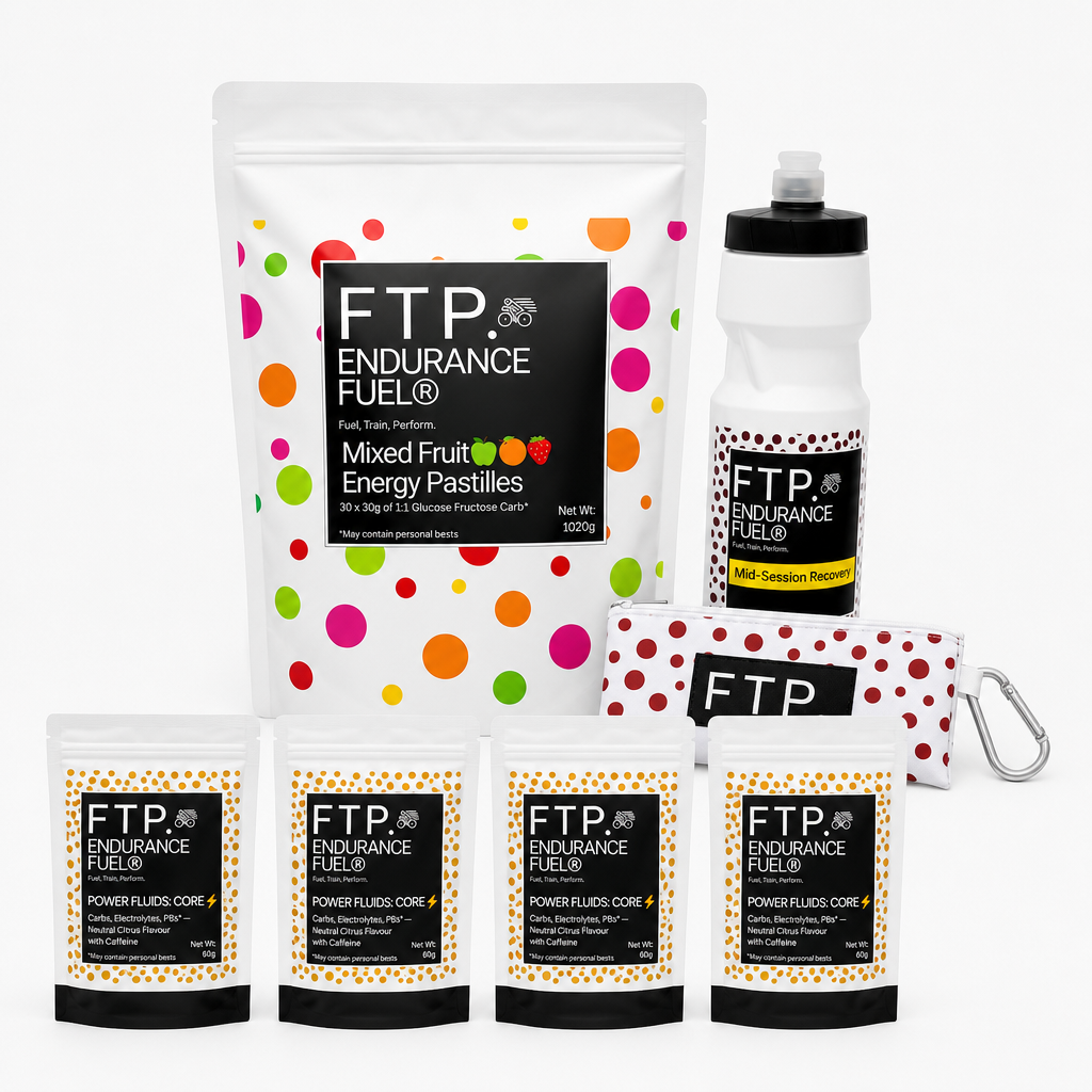 Race Week Kit contents with 4 Power Fluids Core Neutral Citrus caffeinated taster sachets